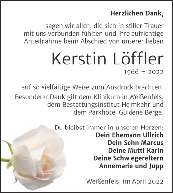 Traueranzeige von Kerstin Löffler von Trauerkombi Weißenfels
