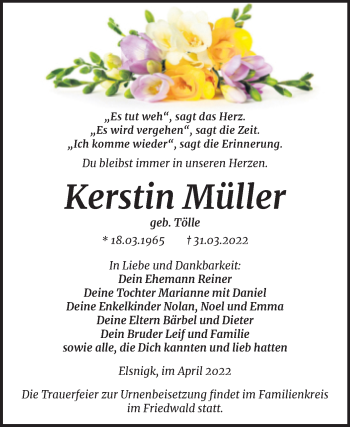 Traueranzeige von Kerstin Müller von Trauerkombi Köthen