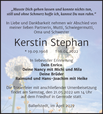Traueranzeige von Kerstin Stephan von Trauerkombi Quedlinburg