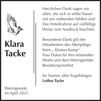 Traueranzeige von Klara Tacke von Trauerkombi Quedlinburg
