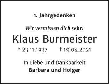 Traueranzeige von Klaus Burmeister von Mitteldeutsche Zeitung Halle/Saalkreis