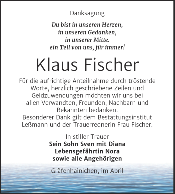 Traueranzeige von Klaus Fischer von Trauerkombi Wittenberg