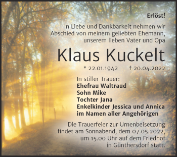 Traueranzeige von Klaus Kuckelt von Trauerkombi Merseburg