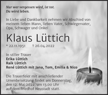 Traueranzeige von Klaus Lüttich von Mitteldeutsche Zeitung Halle/Saalkreis