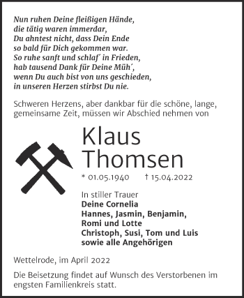Traueranzeige von Klaus Thomsen von Trauerkombi Sangerhausen