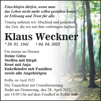 Traueranzeige von Klaus Weckner von Trauerkombi Sangerhausen