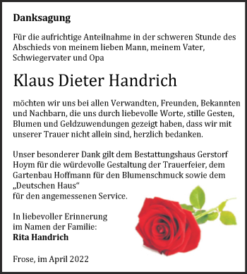 Traueranzeige von Klaus Dieter Handrich von Trauerkombi Aschersleben