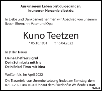 Traueranzeige von Kuno Teetzen von Trauerkombi Weißenfels