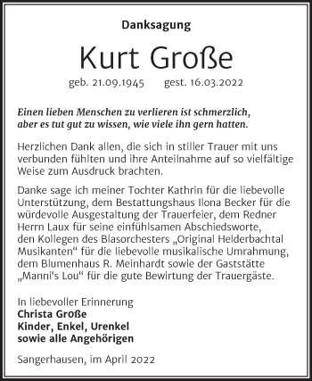 Traueranzeige von Kurt Große von Trauerkombi Sangerhausen