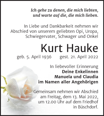Traueranzeige von Kurt Hauke von Mitteldeutsche Zeitung Halle/Saalkreis