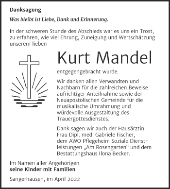 Traueranzeige von Kurt Mandel von Trauerkombi Sangerhausen