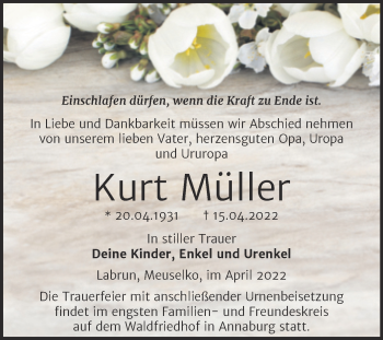 Traueranzeige von Kurt Müller von Trauerkombi Wittenberg