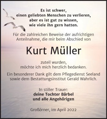 Traueranzeige von Kurt Müller von Trauerkombi Mansfelder Land