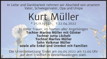 Traueranzeige von Kurt Müller von Trauerkombi Bernburg