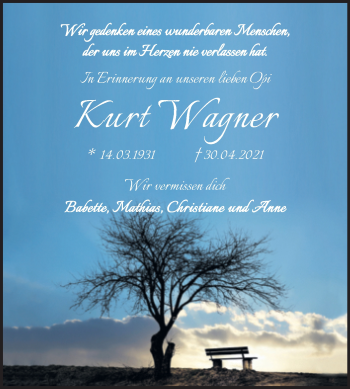 Traueranzeige von Kurt Wagner von Trauerkombi Sangerhausen