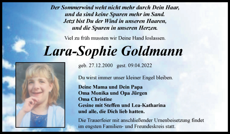  Traueranzeige für Lara-Sophie Goldmann vom 23.04.2022 aus Trauerkombi Quedlinburg
