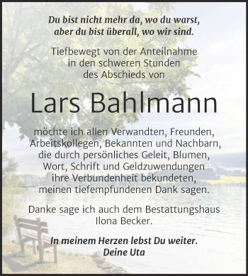 Traueranzeige von Lars Bahlmann von Trauerkombi Sangerhausen