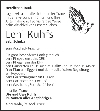 Traueranzeige von Leni Kuhfs von Trauerkombi Merseburg