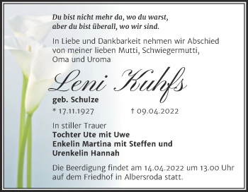 Traueranzeige von Leni Kuhfs von Mitteldeutsche Zeitung Merseburg/Querfurt