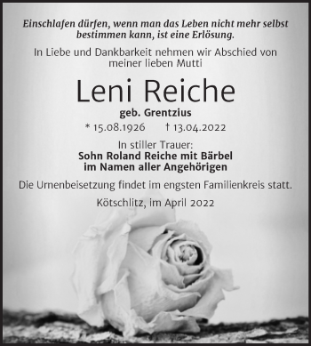 Traueranzeige von Leni Reiche von Trauerkombi Merseburg