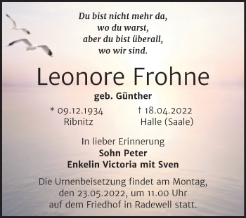 Traueranzeige von Leonore Frohne von Mitteldeutsche Zeitung Halle/Saalkreis