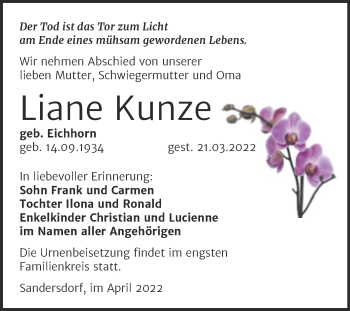 Traueranzeige von Liane Kunze von Trauerkombi Bitterfeld