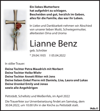 Traueranzeige von Lianne Benz von Trauerkombi Weißenfels