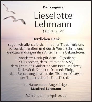 Traueranzeige von Lieselotte Lehmann von Trauerkombi Wittenberg