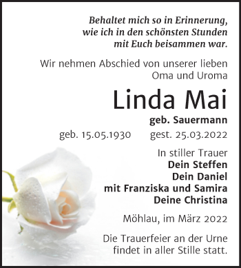 Traueranzeige von Linda Mai von Trauerkombi Wittenberg
