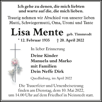 Traueranzeige von Lisa Mente von Trauerkombi Quedlinburg