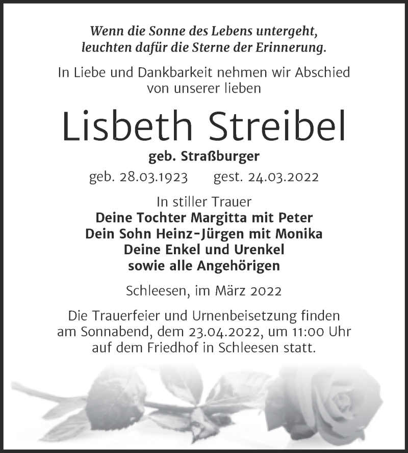  Traueranzeige für Lisbeth Streibel vom 09.04.2022 aus Trauerkombi Wittenberg