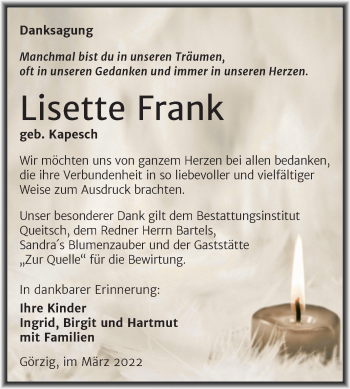 Traueranzeige von Lisette Frank von Trauerkombi Köthen