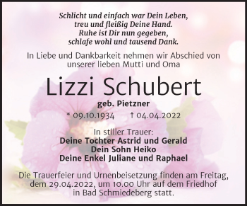 Traueranzeige von Lizzi Schubert von Trauerkombi Wittenberg