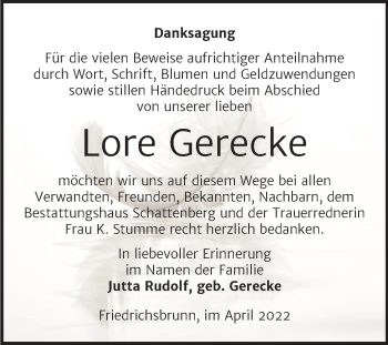 Traueranzeige von Lore Gerecke von Trauerkombi Quedlinburg
