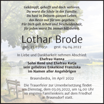 Traueranzeige von Lothar Brode von Trauerkombi Merseburg