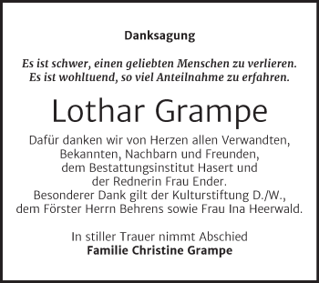 Traueranzeige von Lothar Grampe von Trauerkombi Wittenberg