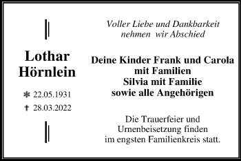 Traueranzeige von Lothar Hörnlein von Trauerkombi Dessau