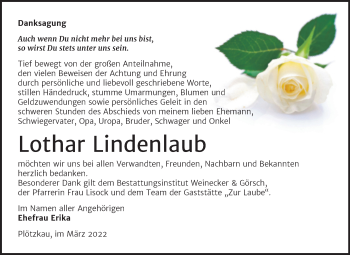 Traueranzeige von Lothar Lindenlaub von Trauerkombi Bernburg