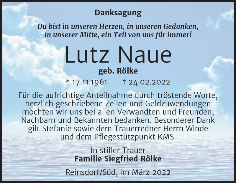  Traueranzeige für Lutz Naue vom 02.04.2022 aus Trauerkombi Wittenberg