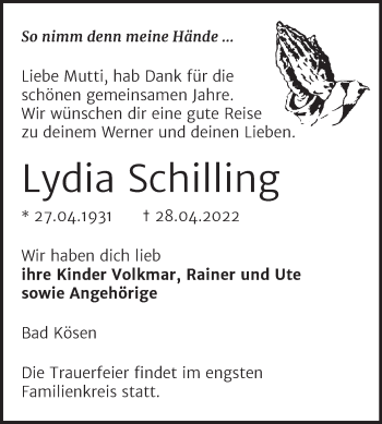 Traueranzeige von Lydia Schilling von Naumburger Tageblatt