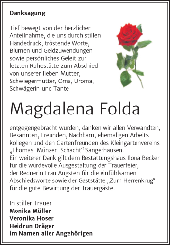 Traueranzeige von Magdalena Folda von Trauerkombi Sangerhausen