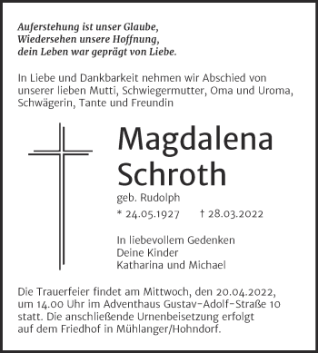 Traueranzeige von Magdalena Schroth von Trauerkombi Wittenberg