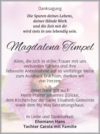 Traueranzeige von Magdalena Timpel von Trauerkombi Weißenfels