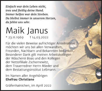 Traueranzeige von Maik Janus von Trauerkombi Wittenberg