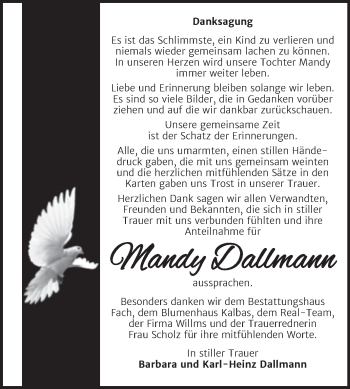 Traueranzeige von Mandy Dallmann von Trauerkombi Merseburg