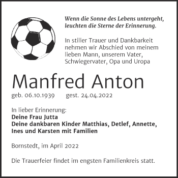 Traueranzeige von Manfred Anton von Mitteldeutsche Zeitung Mansfelder Land