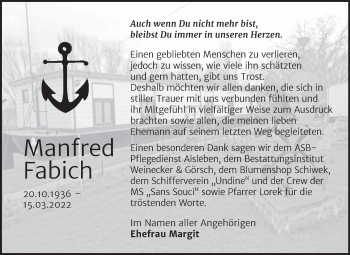 Traueranzeige von Manfred Fabich von Trauerkombi Bernburg