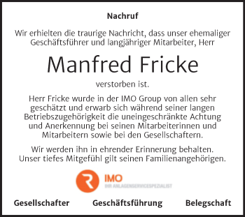 Traueranzeige von Manfred Fricke von Mitteldeutsche Zeitung Merseburg/Querfurt