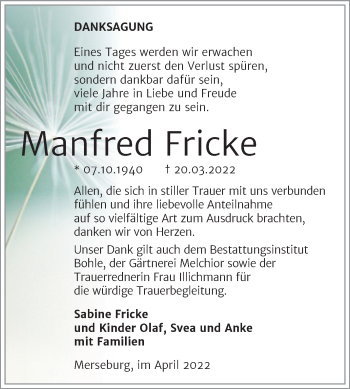 Traueranzeige von Manfred Fricke von Trauerkombi Merseburg