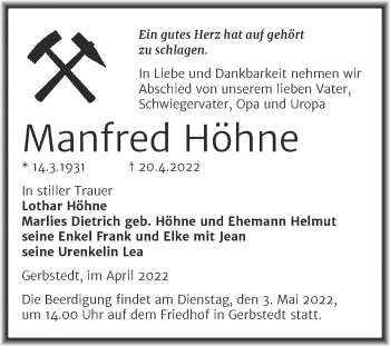 Traueranzeige von Manfred Höhne von Trauerkombi Mansfelder Land